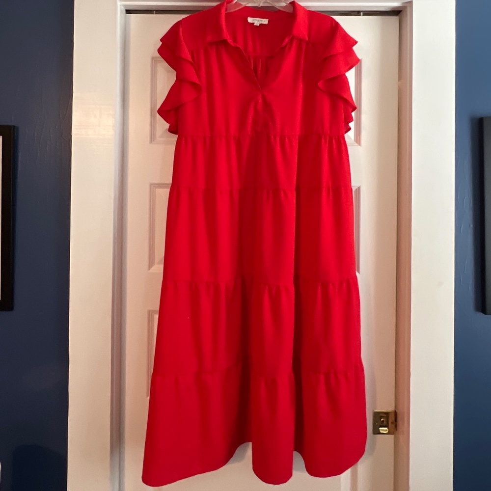2XL Umgee Red Ruffle Sleeve Tiered Midi Dress